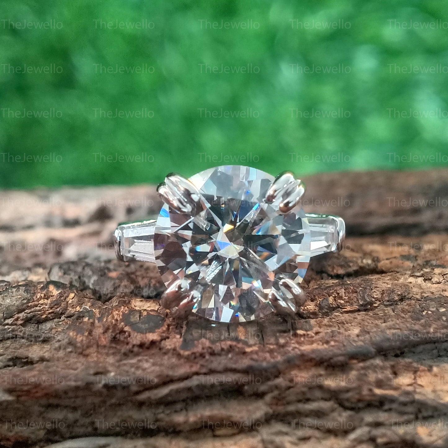 5Ct Round Cut Moissanite Ring, Three Stone Engagement Ring, Tapper Baguette Side Stone Moissanite Ring