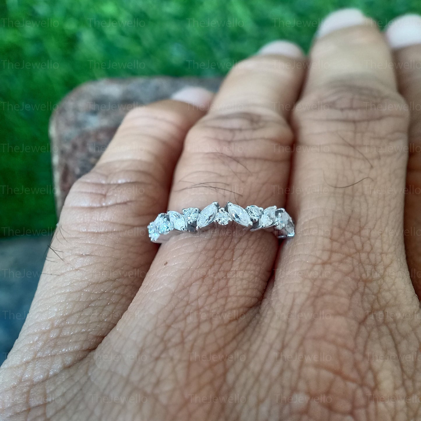 Alternating Moissanite Band, 0.75 TCW Marquise and Round Cut Moissanite Wedding Band, Art Deco Half Eternity Band, Stackable Band, Bridal