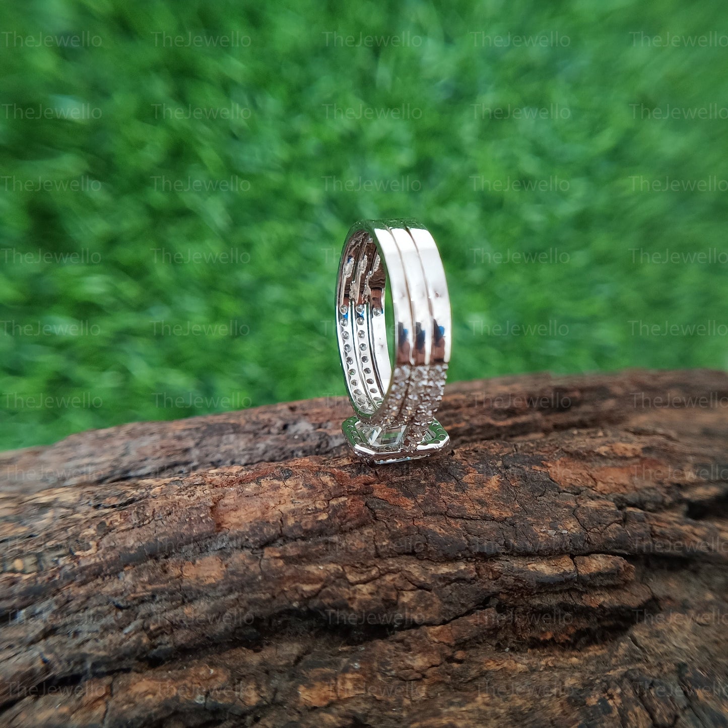 Emerald Moissanite Ring 3.60 Ct Two Half Eternity Bands Engagement Ring 14K White Yellow Gold Jewelry Promise Ring Gift for Women