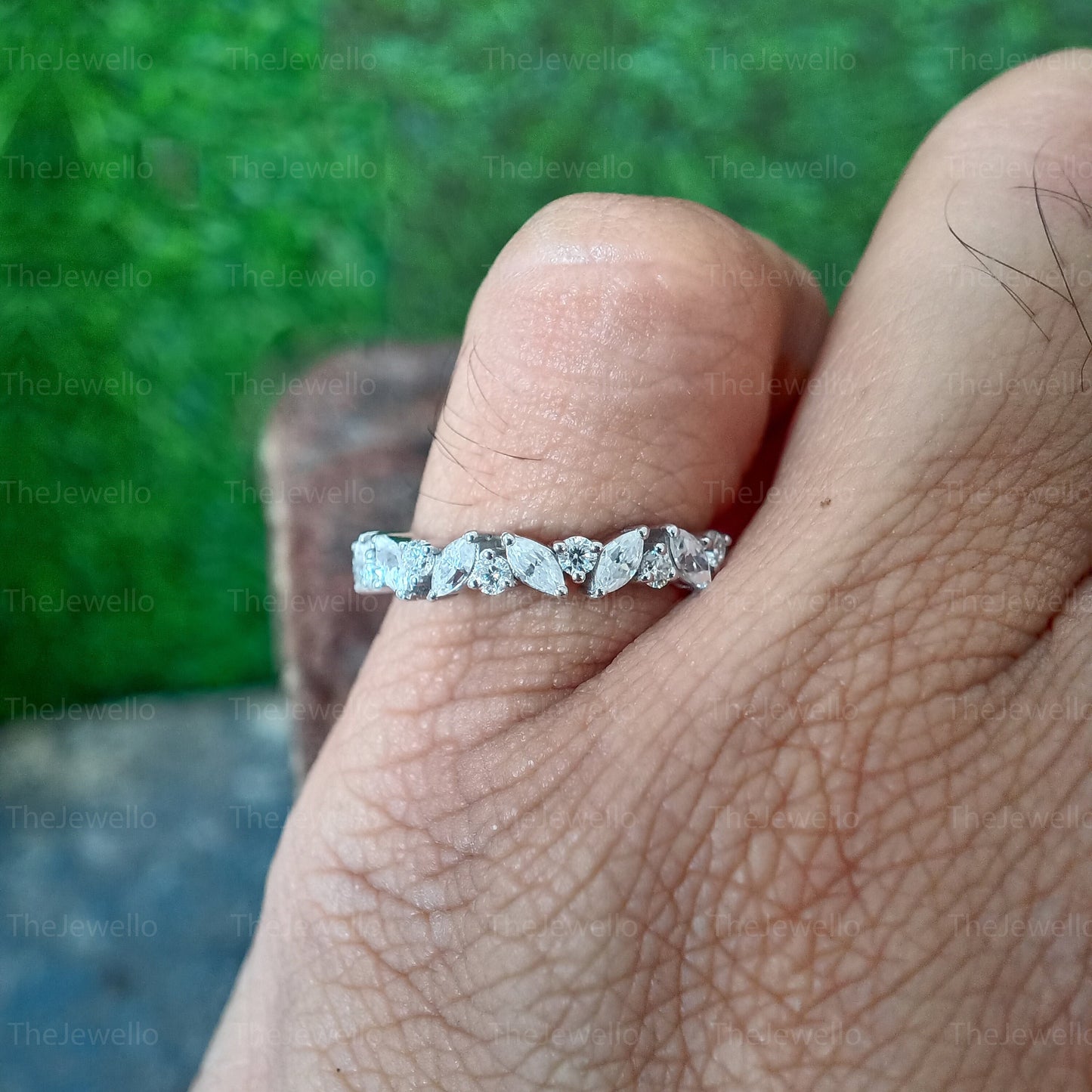 Alternating Moissanite Band, 0.75 TCW Marquise and Round Cut Moissanite Wedding Band, Art Deco Half Eternity Band, Stackable Band, Bridal