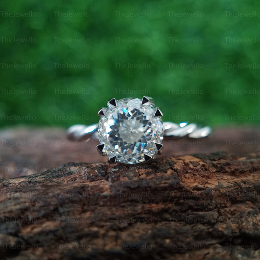Portuguese Round Cut Engagement Ring, Unique Cut Hidden Halo Moissanite Ring, Round Moissanite 950 Platinum Ring