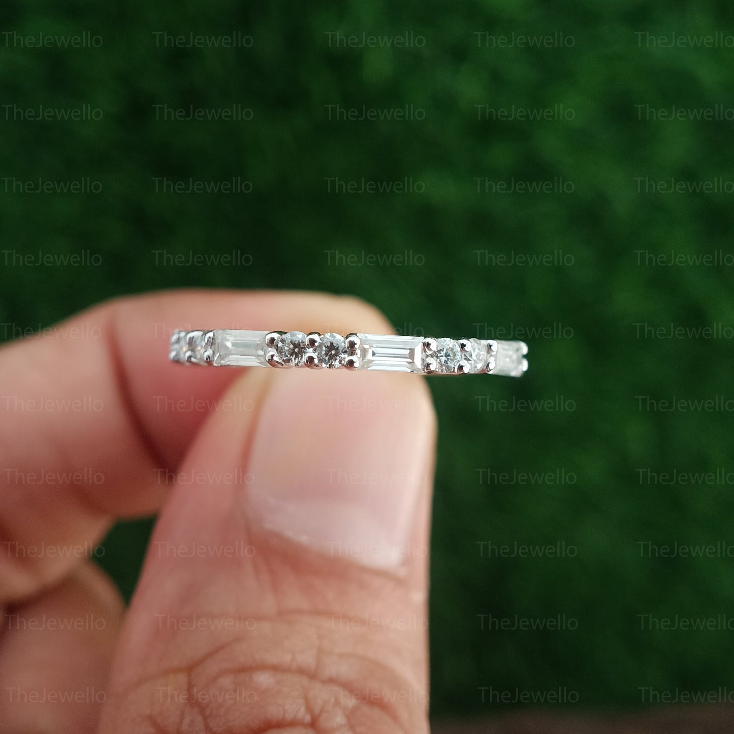 Half Eternity 0.65 TW Baguette & Round Colorless Moissanite Wedding Band, Stackable Band, White/Yellow/Rose Gold Engagement Band, Bridal Set