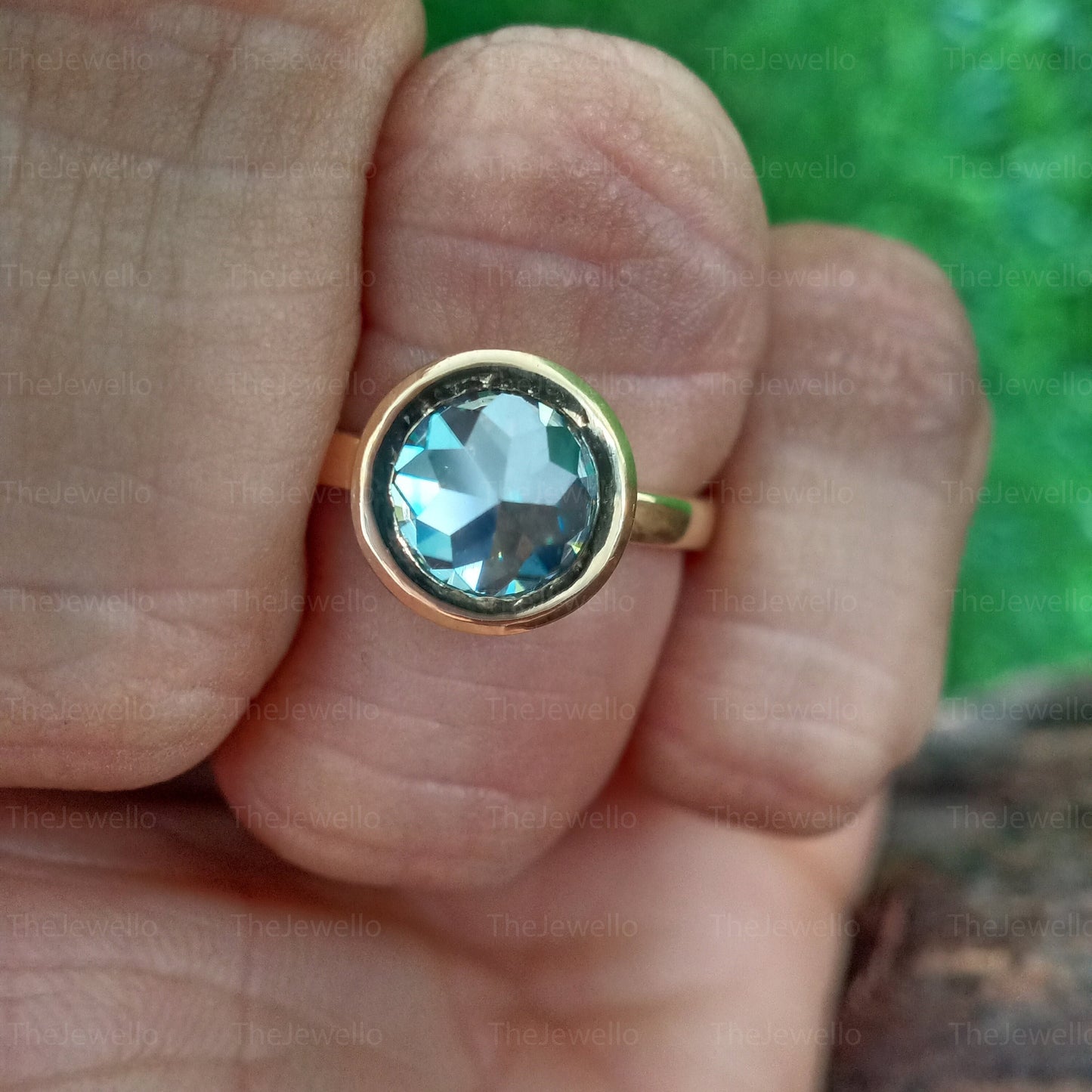 Blue Green Moissanite Ring, Round Rose Cut Moissanite Engagement Ring, Solitaire Signature Bezel Set Ring in Solid Yellow Gold