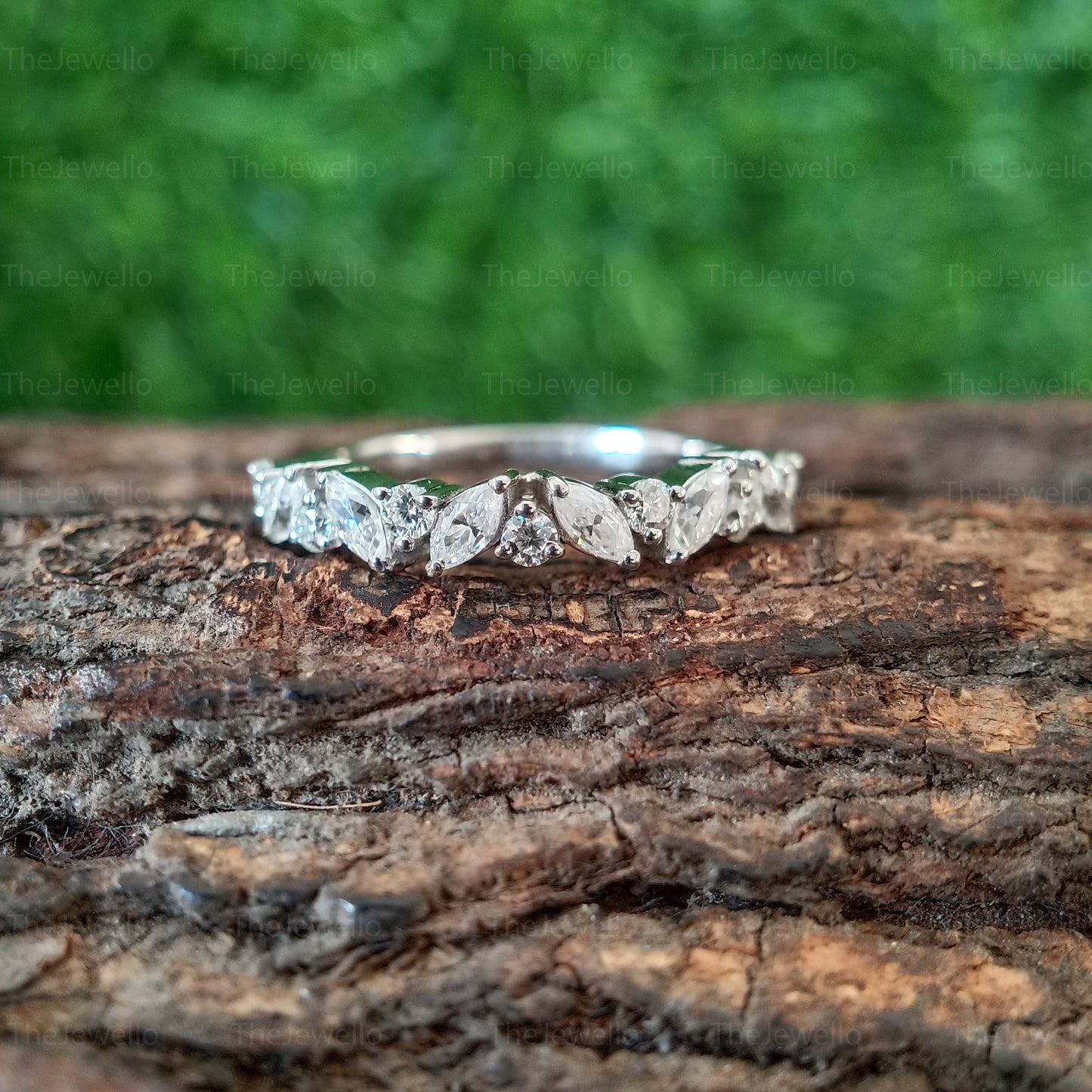 Alternating Moissanite Band, 0.75 TCW Marquise and Round Cut Moissanite Wedding Band, Art Deco Half Eternity Band, Stackable Band, Bridal
