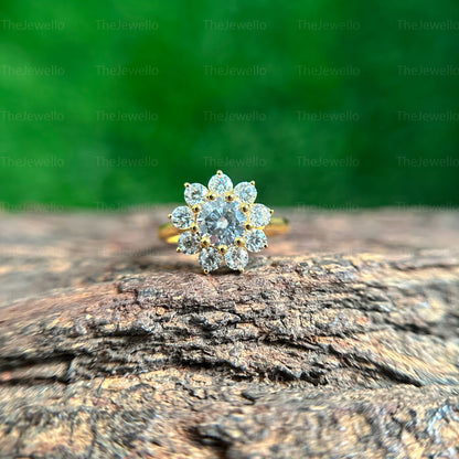 1ct Round Flower Shape Moissanite Engagement Ring, Round Cut Halo Ring, Unique Flower Design Wedding Ring, Handmade Jewelry For woman