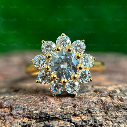 1ct Round Flower Shape Moissanite Engagement Ring, Round Cut Halo Ring, Unique Flower Design Wedding Ring, Handmade Jewelry For woman