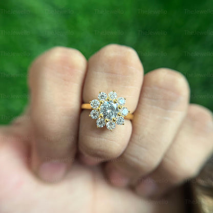 1ct Round Flower Shape Moissanite Engagement Ring, Round Cut Halo Ring, Unique Flower Design Wedding Ring, Handmade Jewelry For woman