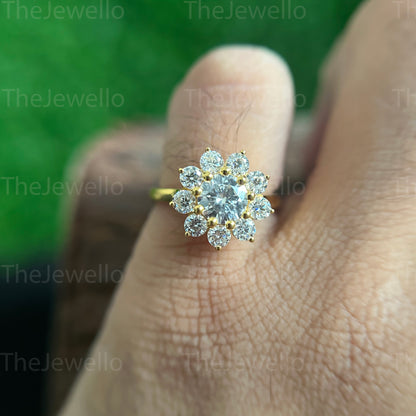 1ct Round Flower Shape Moissanite Engagement Ring, Round Cut Halo Ring, Unique Flower Design Wedding Ring, Handmade Jewelry For woman