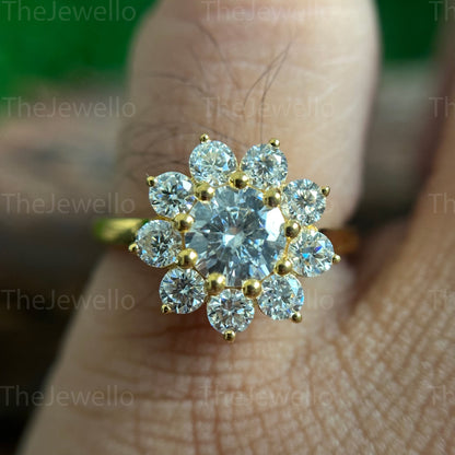 1ct Round Flower Shape Moissanite Engagement Ring, Round Cut Halo Ring, Unique Flower Design Wedding Ring, Handmade Jewelry For woman