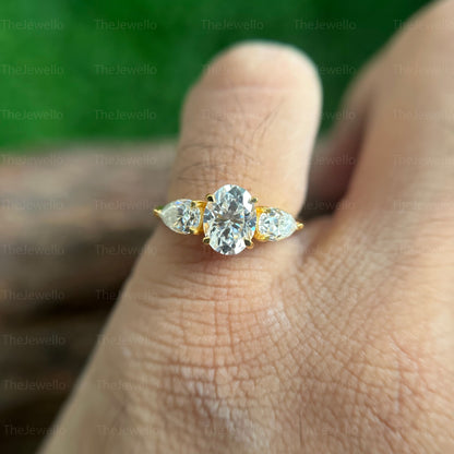 Oval Cut Moissanite Three stone Ring, Moissanite Side Pear cut Ring, Unique Solid 14K Gold Wedding Ring Ring For Woman, Gift for her