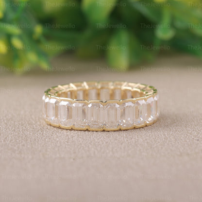 Moissanite Emerald Ring, Half Bezel Style Set Band, Full Eternity Wedding Band, 18k Solid Gold ring, Emerald Cut Moissanite Colourless Band