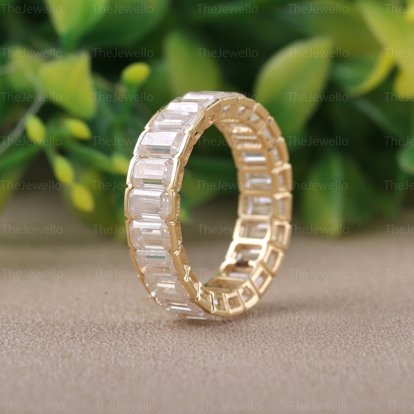 Moissanite Emerald Ring, Half Bezel Style Set Band, Full Eternity Wedding Band, 18k Solid Gold ring, Emerald Cut Moissanite Colourless Band