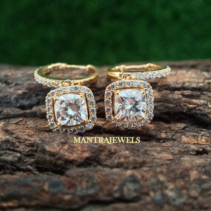 Moissanite Drop and Dangle Earrings, 4.25TCW Cushion Cut Solitaire Moissanite Drop Earrings, Real Solid 14k Yellow Gold Engagement Rings