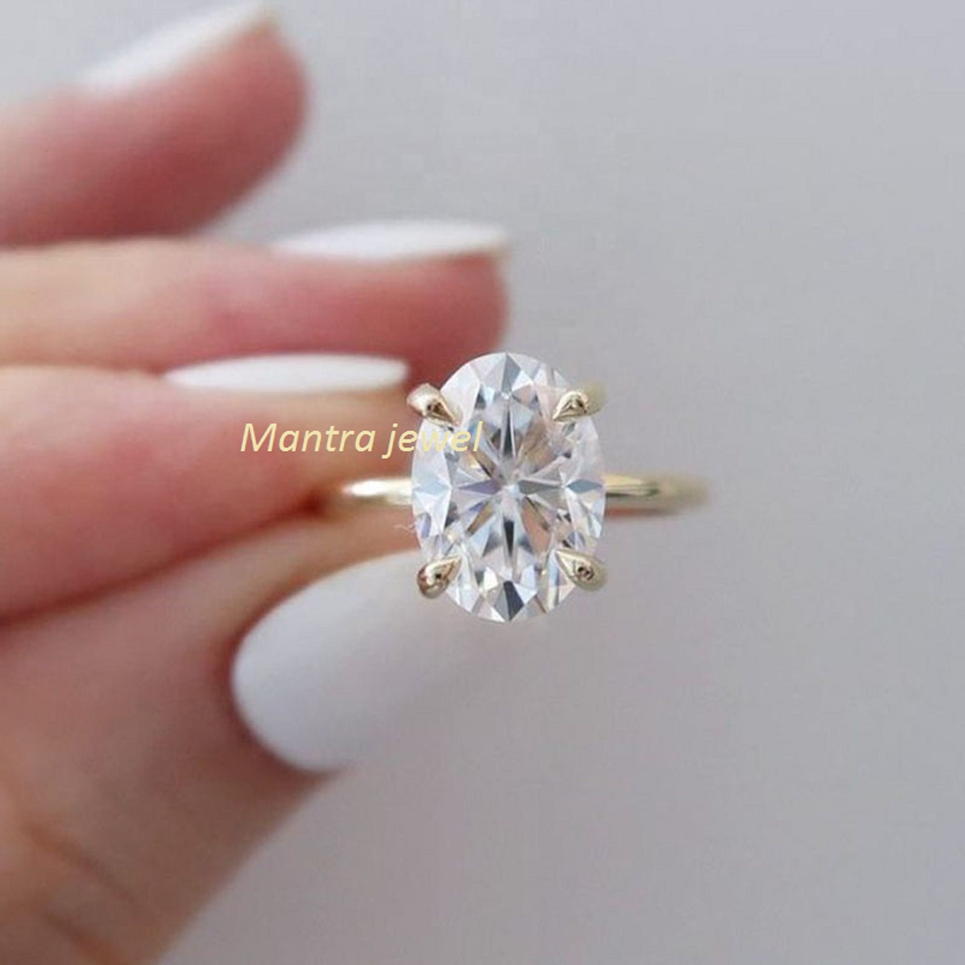 Oval Moissanite Diamond Ring - Prong Claw Gemstone Ring - 4.40 Ct Solitaire Diamond Ring for Her - Anniversary Gift Gold Ring