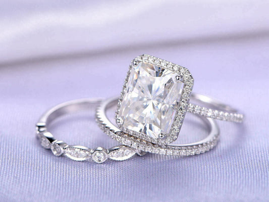 2.50 Ct Radiant Cut Moissanite Halo Bridal Ring Set Engagement Ring In 14K White Gold