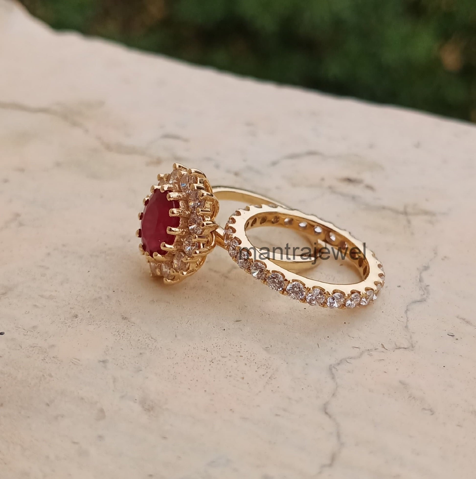 5.80ct Oval Cut Ruby Ring, Red July Birthstone Stone Wedding Ring Set, 14k Yellow Gold Bridal Set Ring, Full Eternity Wedding Band Ring