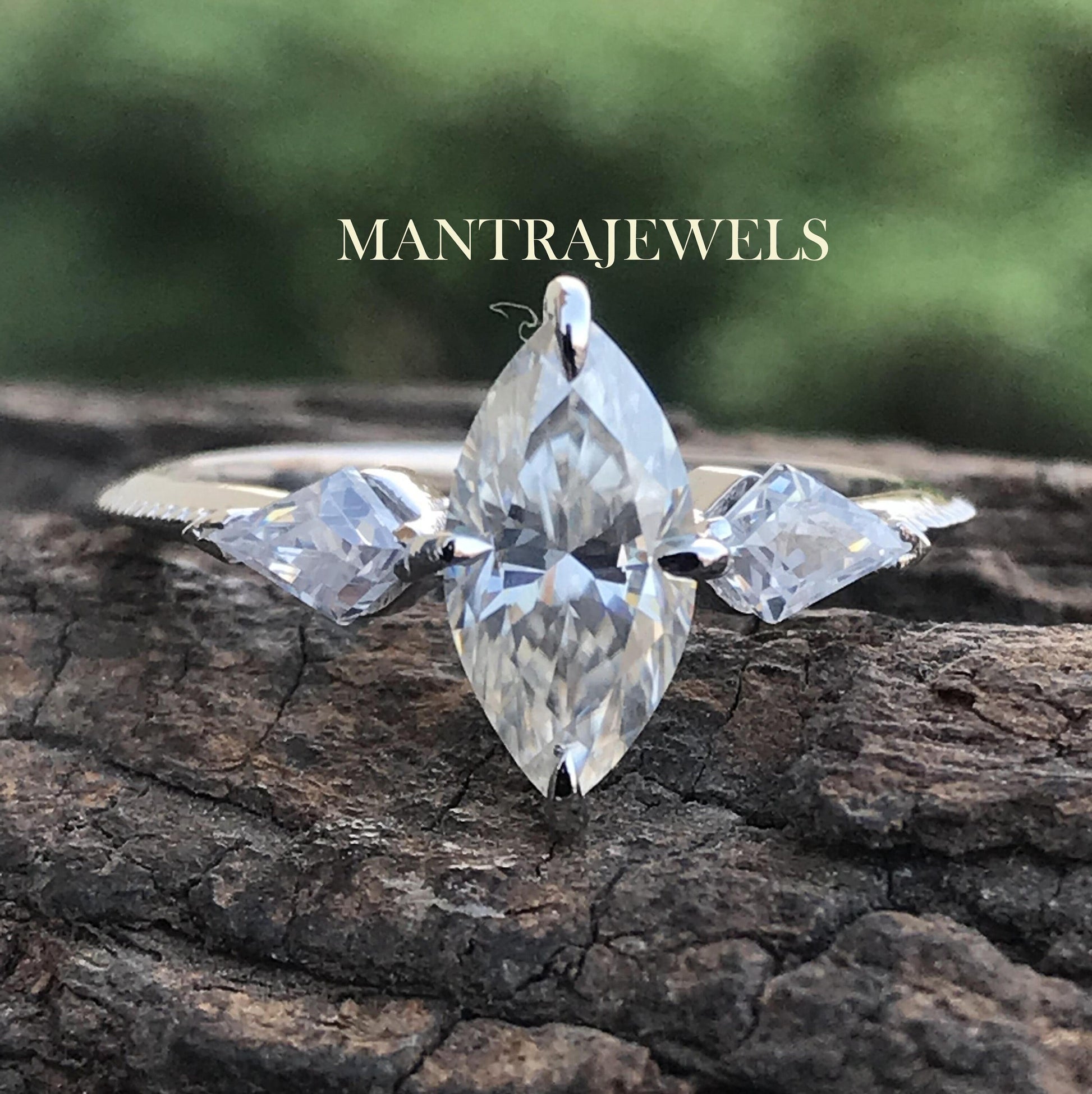 Marquise Moissanite Engagement Ring, Near Colorless Moissanite Ring, Three Stone Moissanite Ring, 14KT Yellow Gold Ring, Mother's Day Sale