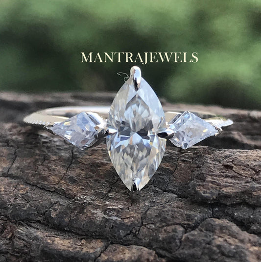 Marquise Moissanite Engagement Ring, Near Colorless Moissanite Ring, Three Stone Moissanite Ring, 14KT Yellow Gold Ring, Mother's Day Sale