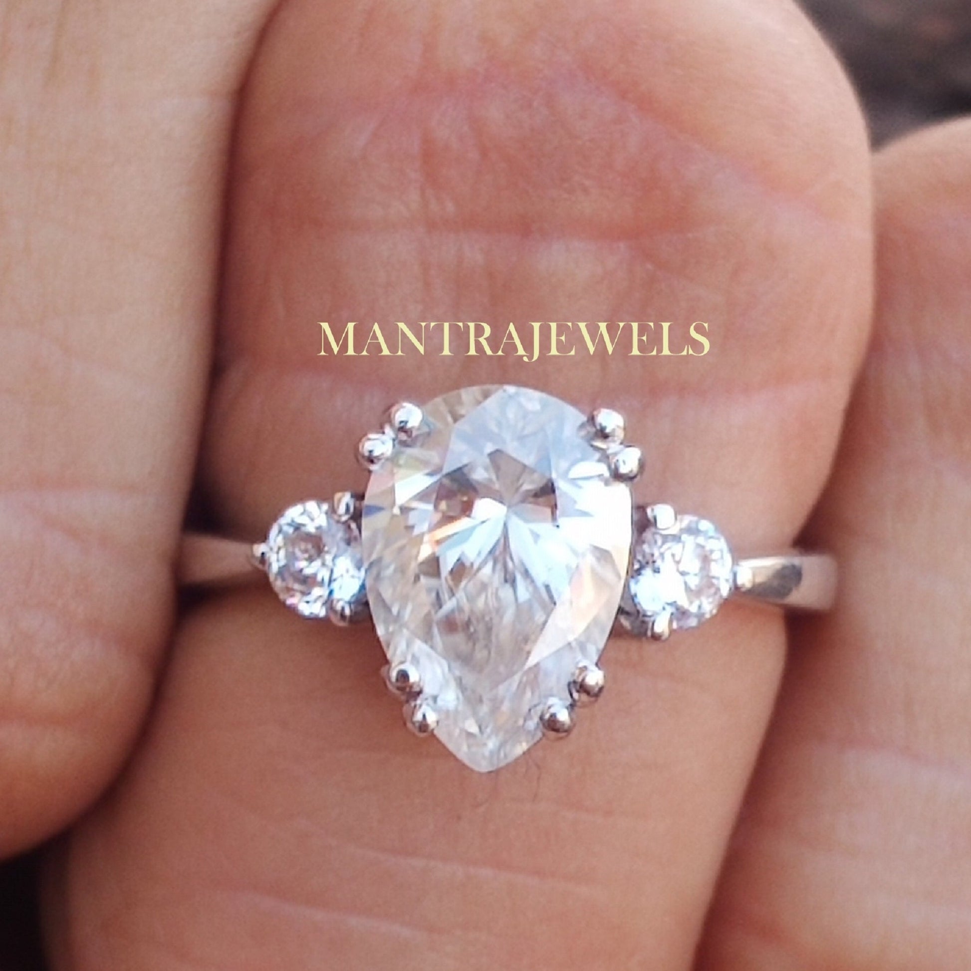 Pear Moissanite Anniversary Ring, Double Prong Claw Moissanite Ring, Three Stone Moissanite Ring, 14KT White Gold Ring, Mother's Day Sale