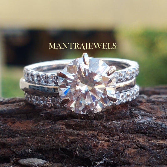 White Gold Stacking Ring Set / 2.50 CT Colorless Round Moissanite Ring / Antique Wedding Ring Set / Bridal Ring Set With Double Wedding Band