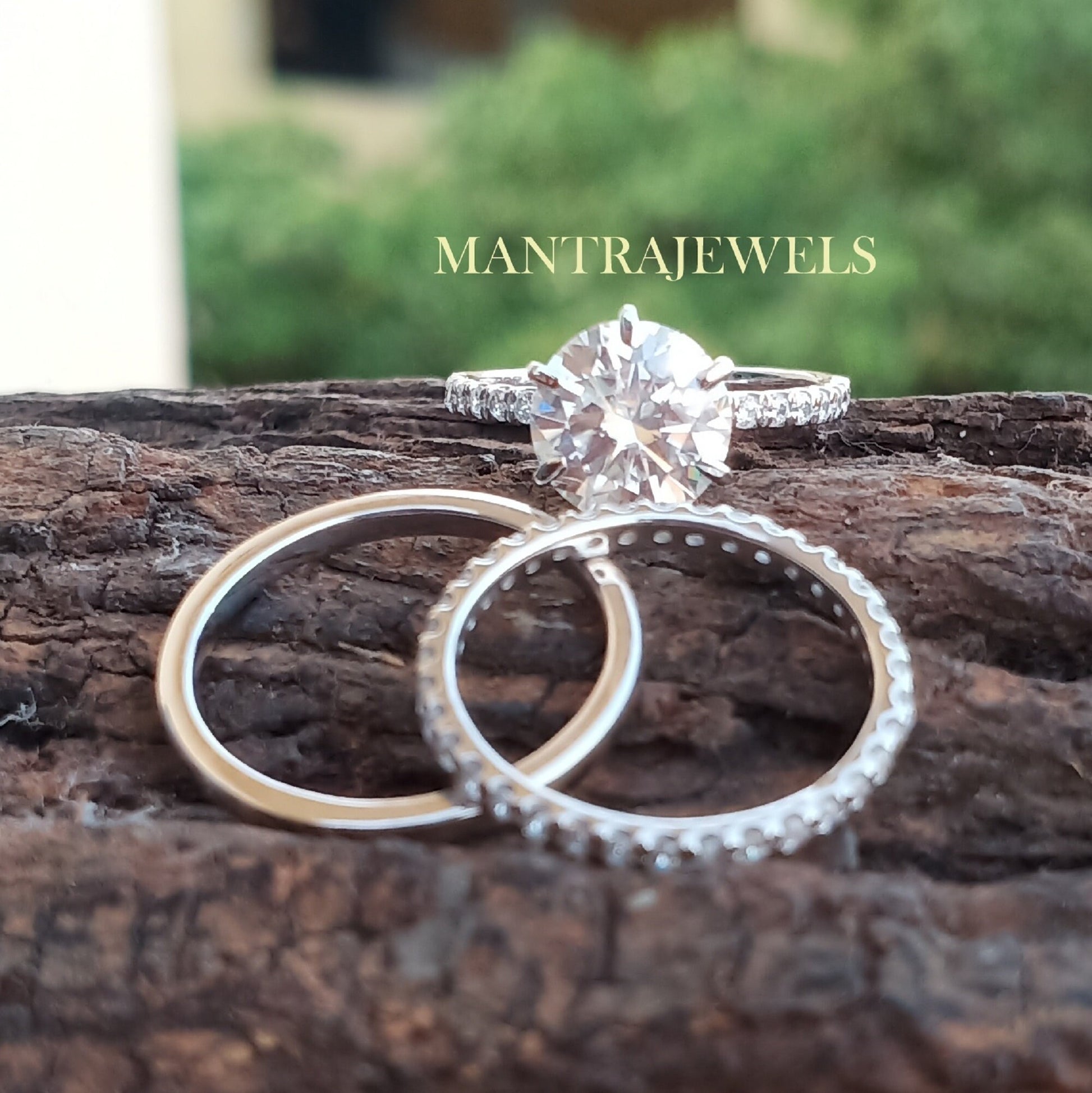 White Gold Stacking Ring Set / 2.50 CT Colorless Round Moissanite Ring / Antique Wedding Ring Set / Bridal Ring Set With Double Wedding Band