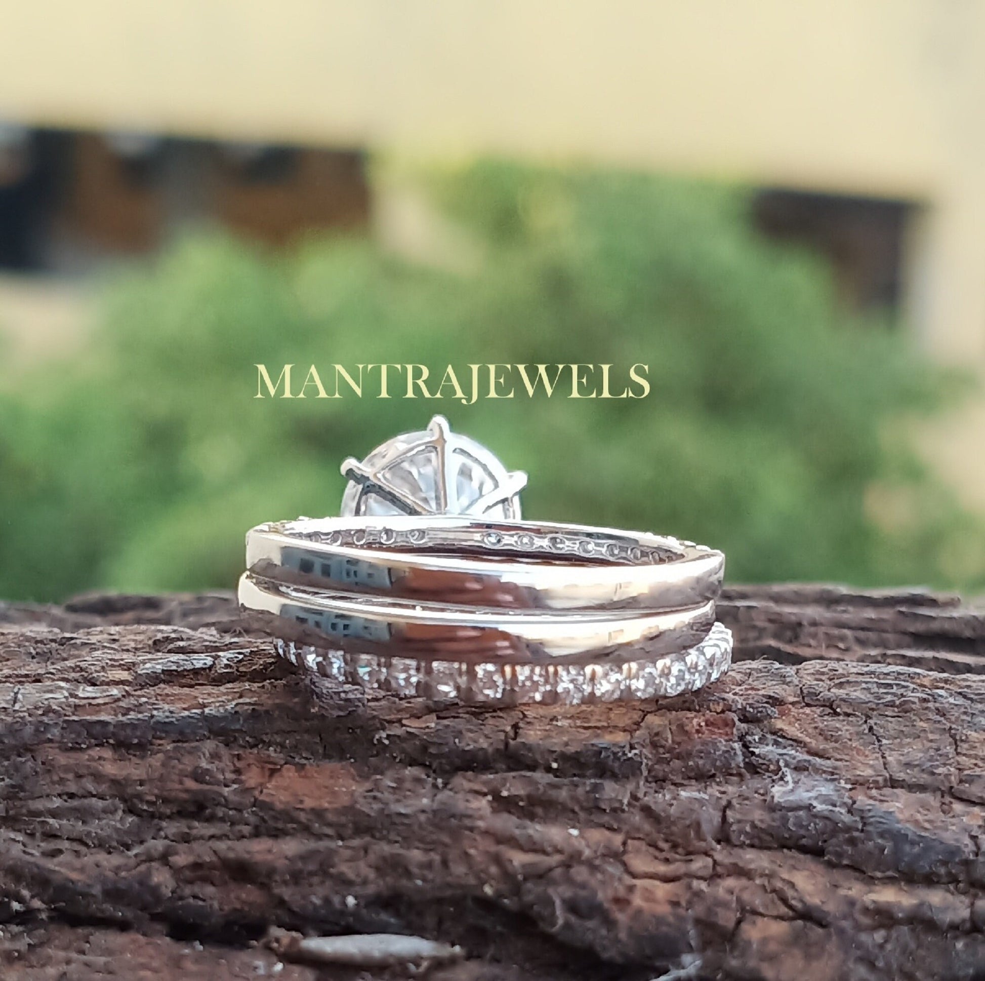 White Gold Stacking Ring Set / 2.50 CT Colorless Round Moissanite Ring / Antique Wedding Ring Set / Bridal Ring Set With Double Wedding Band