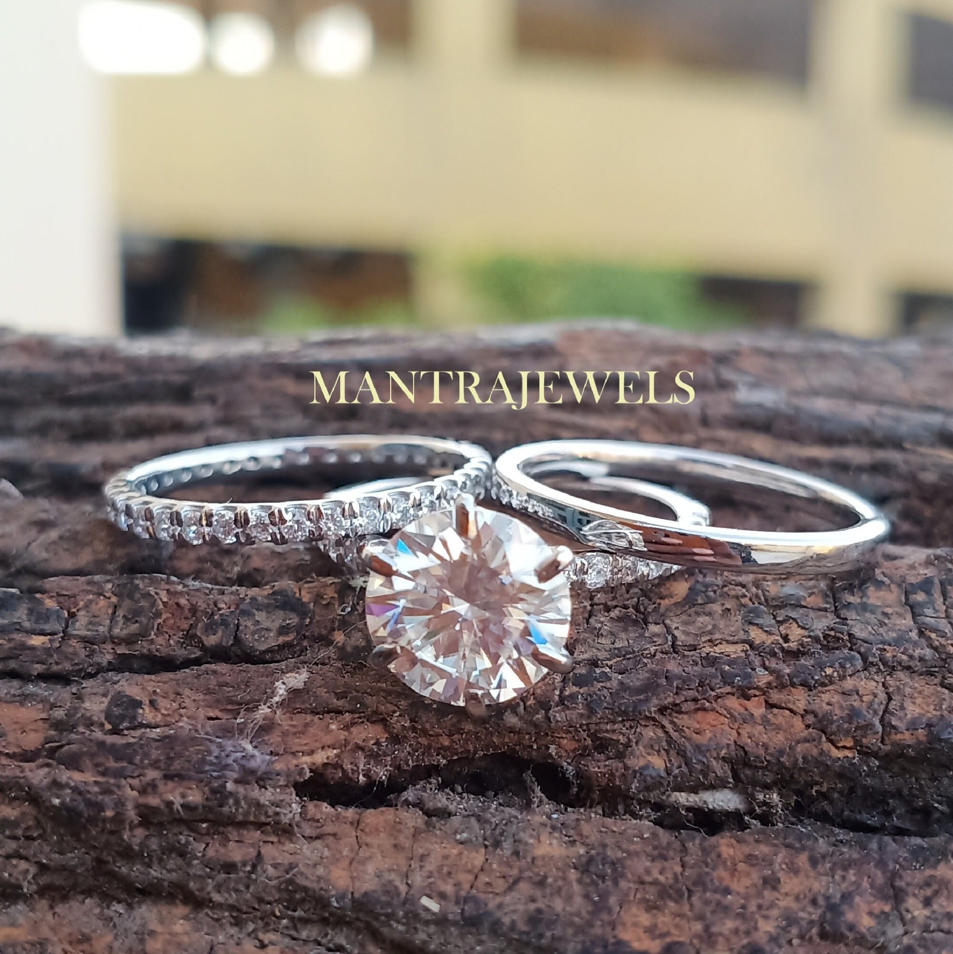 White Gold Stacking Ring Set / 2.50 CT Colorless Round Moissanite Ring / Antique Wedding Ring Set / Bridal Ring Set With Double Wedding Band