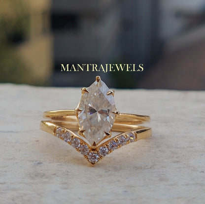 2CT Marquise and Round Cut Halo Moissanite Diamond Ring with V Shape Wedding Ring Set White Yellow Gold Ring Engagement Ring Christmas Gift