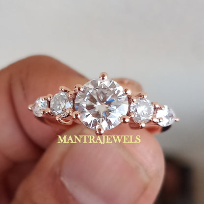 Five Stone Ring 1.75 CT Round Moissanite Engagement Ring Vintage Wedding Ring White Gold Ring Classic Anniversary Ring Lab Grown Ring