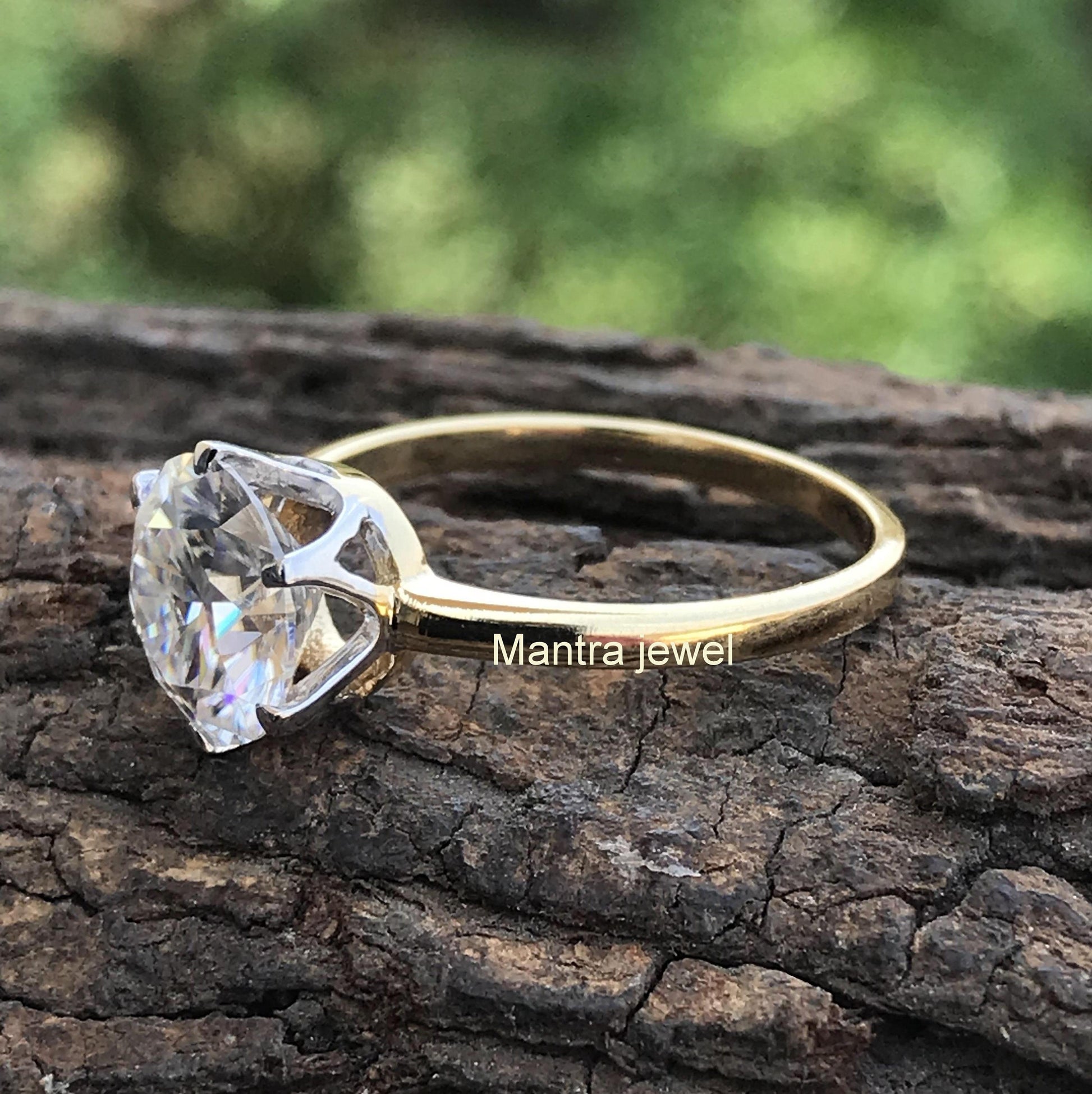 3 CT White Round Moissanite Yellow Gold Ring, Moissanite Wedding Ring, Diamond Solitaire Ring , Tiffany set , Forever One Moissanite Ring