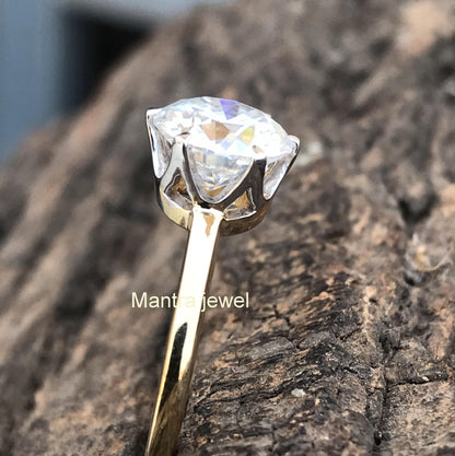 3 CT White Round Moissanite Yellow Gold Ring, Moissanite Wedding Ring, Diamond Solitaire Ring , Tiffany set , Forever One Moissanite Ring