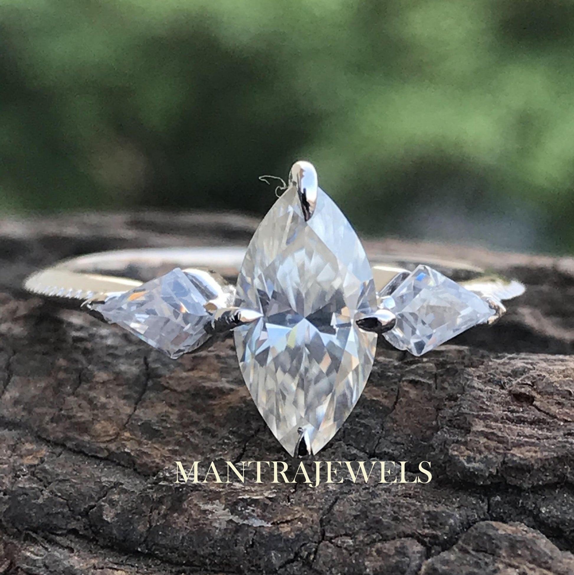 Marquise Moissanite Engagement Ring, Near Colorless Moissanite Ring, Three Stone Moissanite Ring, 14KT Yellow Gold Ring, Mother's Day Sale