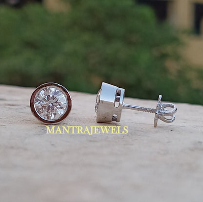 Round Moissanite Earrings 14K White Gold, 2TCW Bezel Set Moissanite Earrings, Round Shape Earrings With Moissanite, Forever One Moissanite,