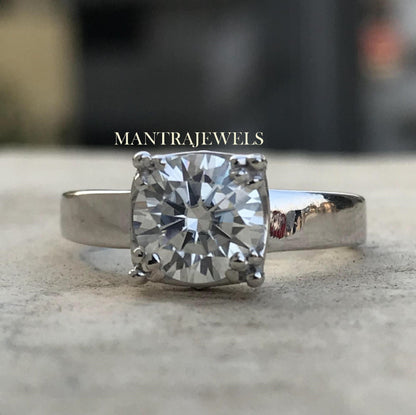 2.0 CT Round Cut Moissanite Engagement Ring, Wedding Ring, 10K Solid White Gold Ring , Wide band Ring , Prong Set Ring , Gift For Her