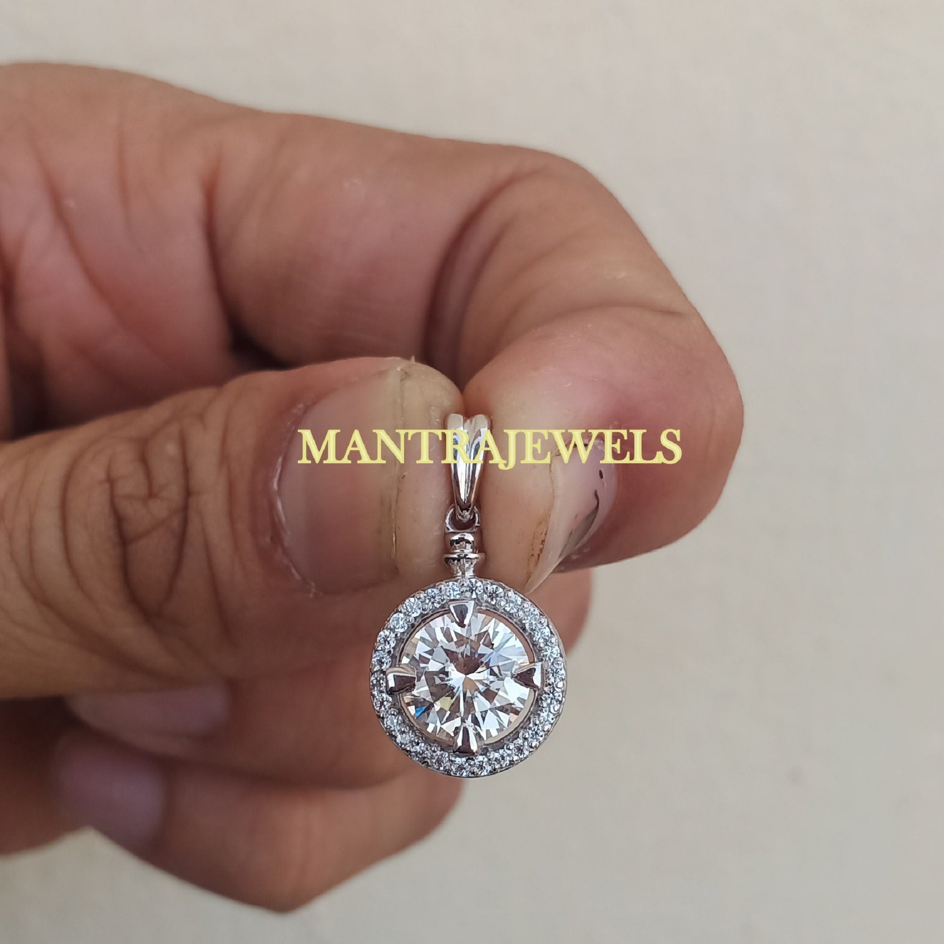 2.20 Carat Round Cut Moissanite Pendant, Dainty 14k White Gold Pendant, Halo Style Moissanite Pendant, Handmade Moissanite Pendant