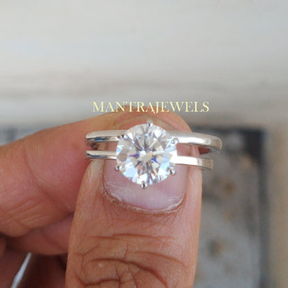 2.50 CT Round Cut Colorless Moissanite Ring, Solitaire Engagement Ring, Bridal Set, Matching Comfort Fit Band, Solid Gold Wedding Ring Set