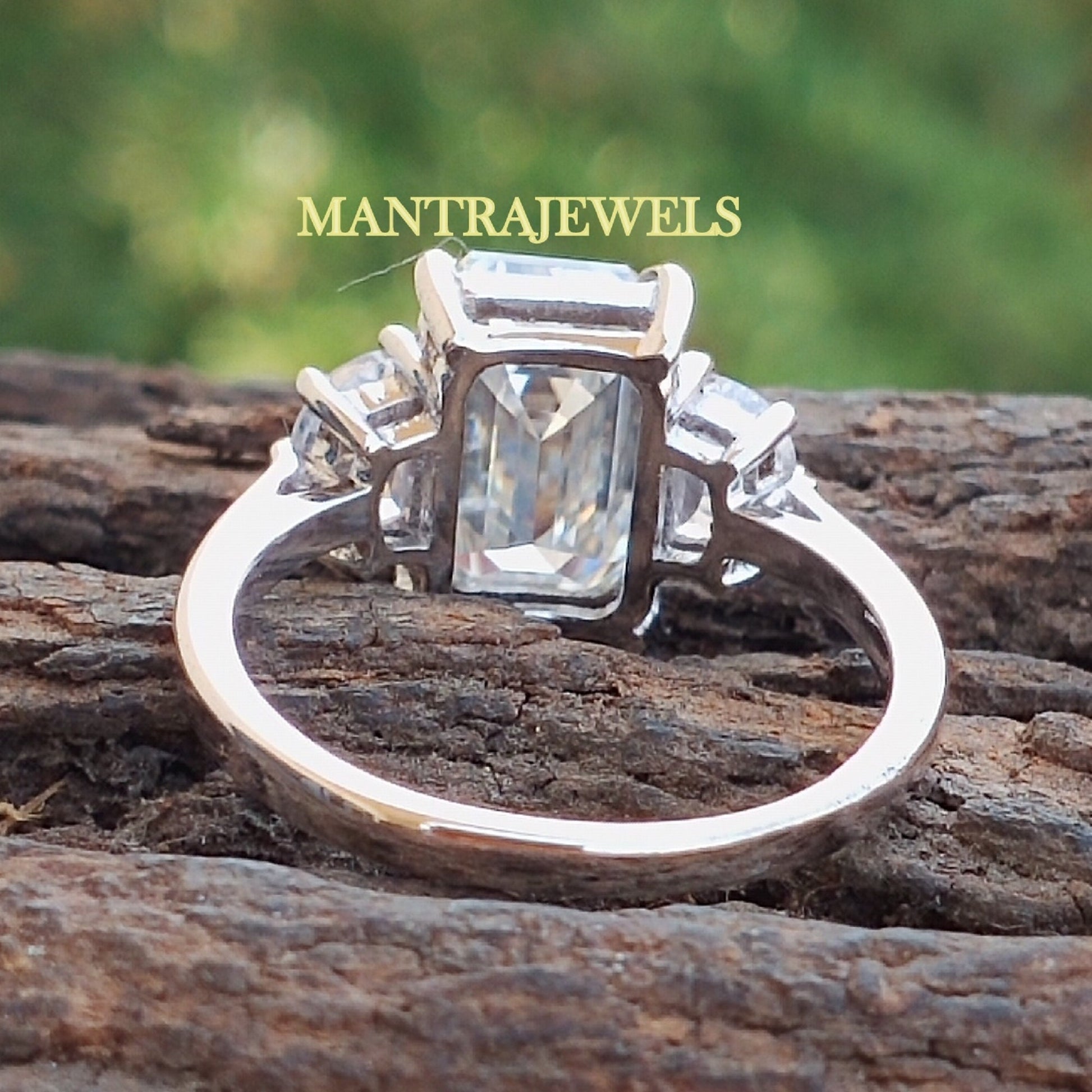 4.40 TCW Emerald & Half Moon Cut Moissanite Ring , Three Stone Moissanite Engagement Ring, Wedding Bridal Ring, Sharp Claw Prong Set Ring ,