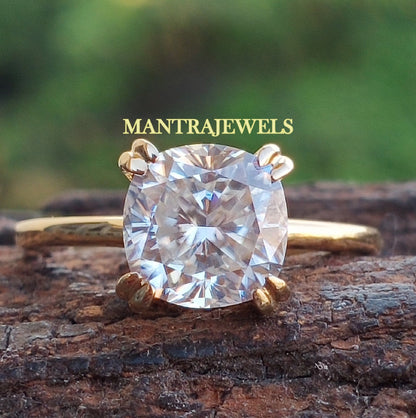 Cushion Cut Engagement Ring, Yellow Gold Moissanite Diamond Ring , Solitaire Handcrafted Ring For Her, Double Claw Prong Cathedral Set Ring.