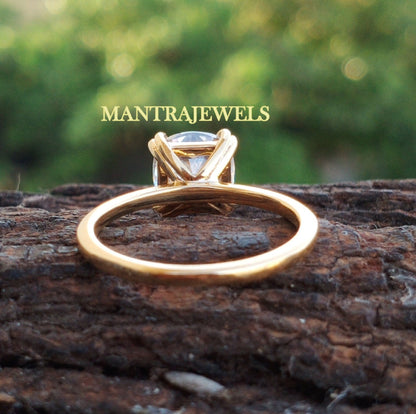 Cushion Cut Engagement Ring, Yellow Gold Moissanite Diamond Ring , Solitaire Handcrafted Ring For Her, Double Claw Prong Cathedral Set Ring.