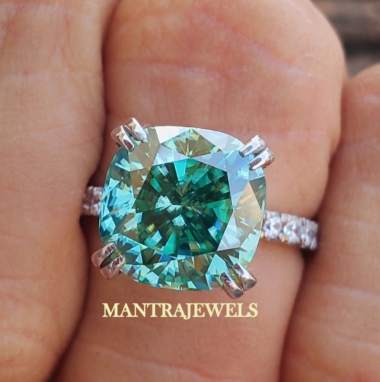 Amazing 6.50 CT Cushion Divine Green- Blue Moissanite Solitaire Engagement Ring, Double Claw Prong Cathedral Ring, 925 Silver Ring,For Women