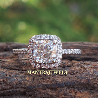 1.40CT Cushion Cut Moissanite Engagement Ring - Halo Set Wedding Ring - Unique Cut Designer Ring - Women Engagement Ring