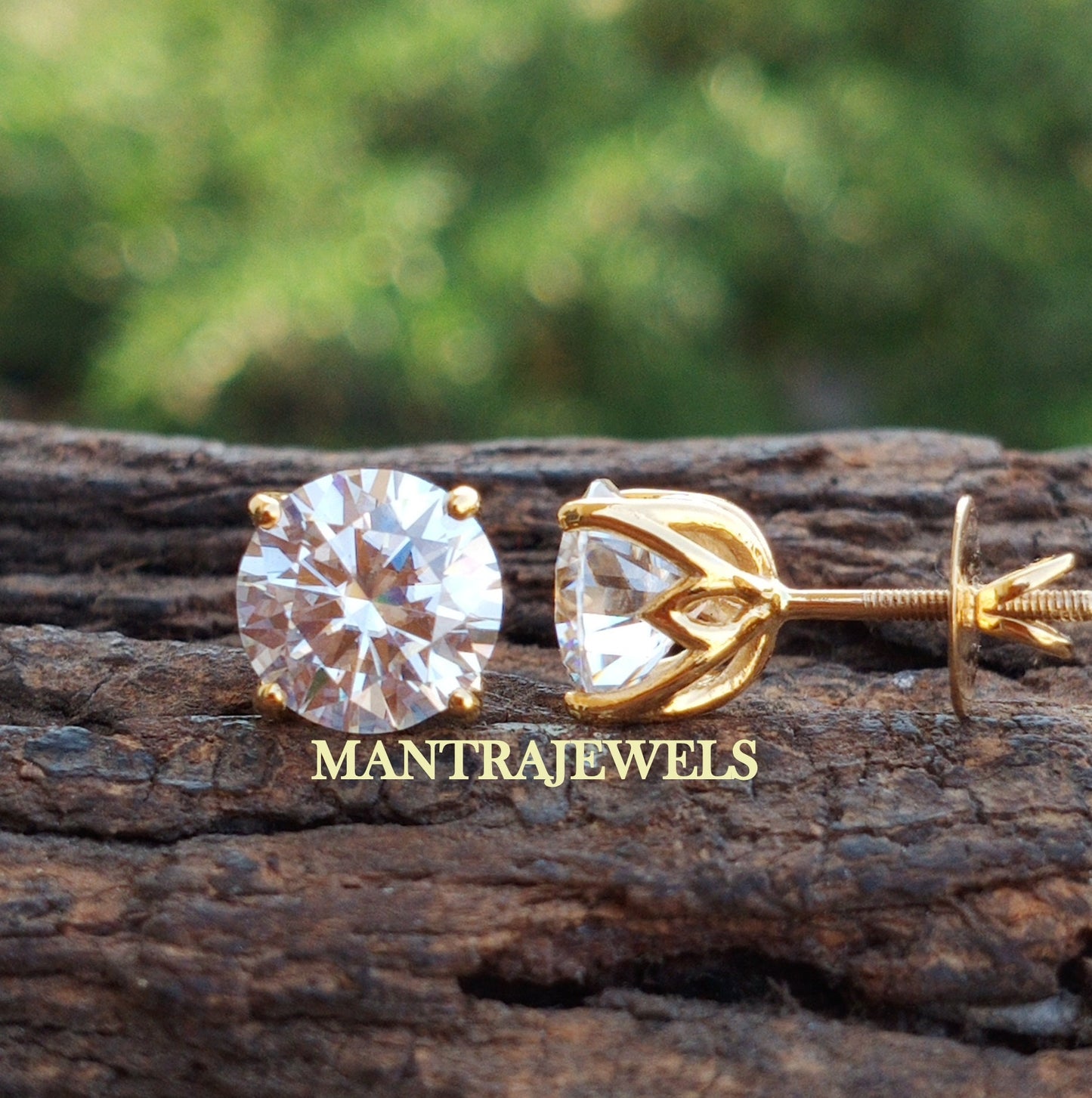 4.40TCW Round Brilliant Cut Colorless Moissanite Earrings, Round Stud Earrings, Wedding Earrings, Yellow Gold Screw Back / Push Back Earring