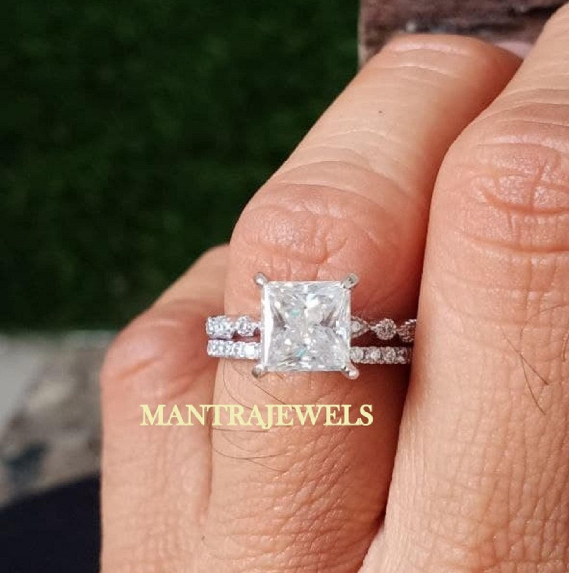 3.00 Ct Princess Brilliant Cut Moissanite Wedding Set, Engagement Ring, Wedding Band, Anniversary Gift, Bridal Ring Set, 14K White Gold Ring