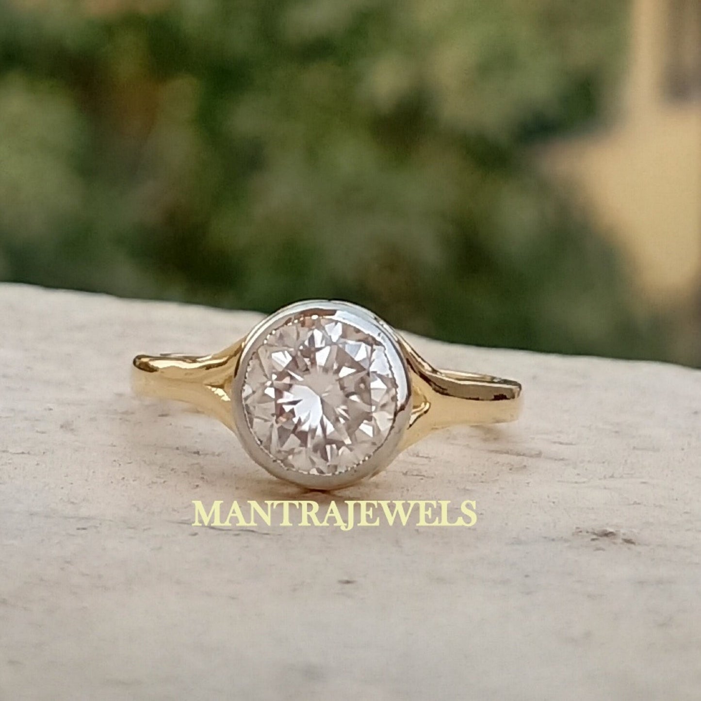 Round Cut Moissanite Diamond Bezel Ring Set 1.80 Ct for Women Vintage Colorless 14K Yellow Gold Engagement Ring Gift for Her