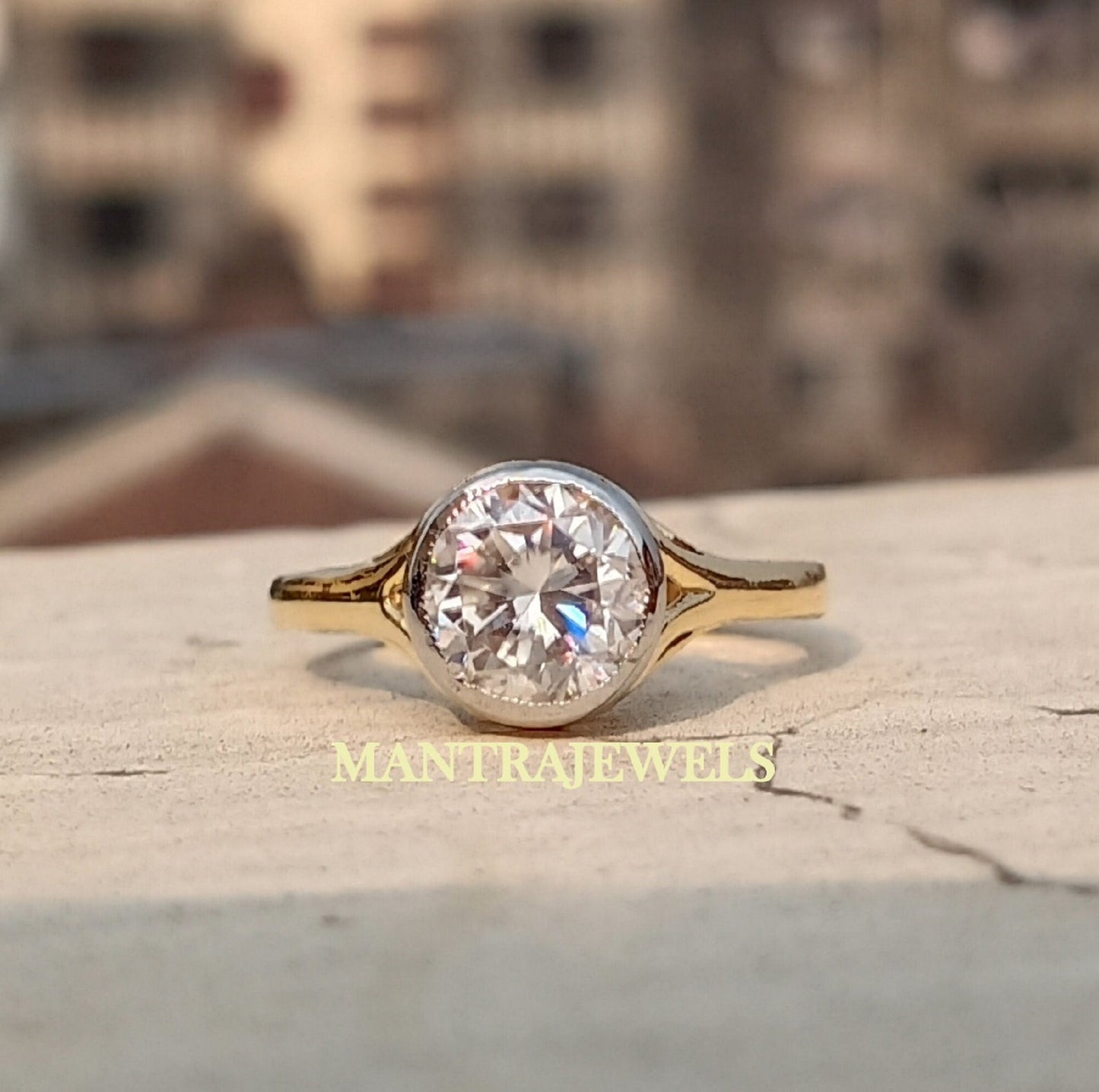 Round Cut Moissanite Diamond Bezel Ring Set 1.80 Ct for Women Vintage Colorless 14K Yellow Gold Engagement Ring Gift for Her