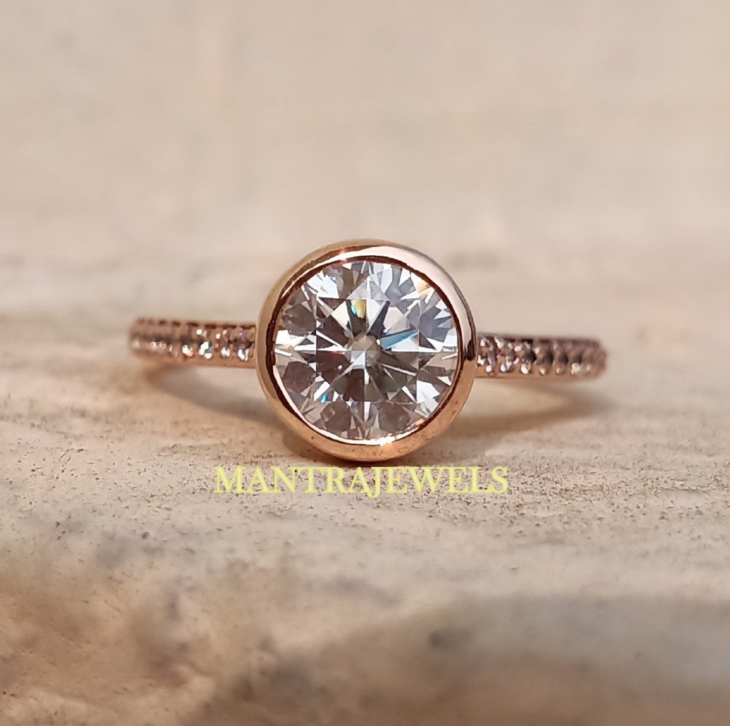 Perfect Engagement Ring / Bezel Set Round Moissanite Ring/ Half Eternity Ring/ 14KT Solid Rose Gold Solitaire Accent Ring/ Ring For Love