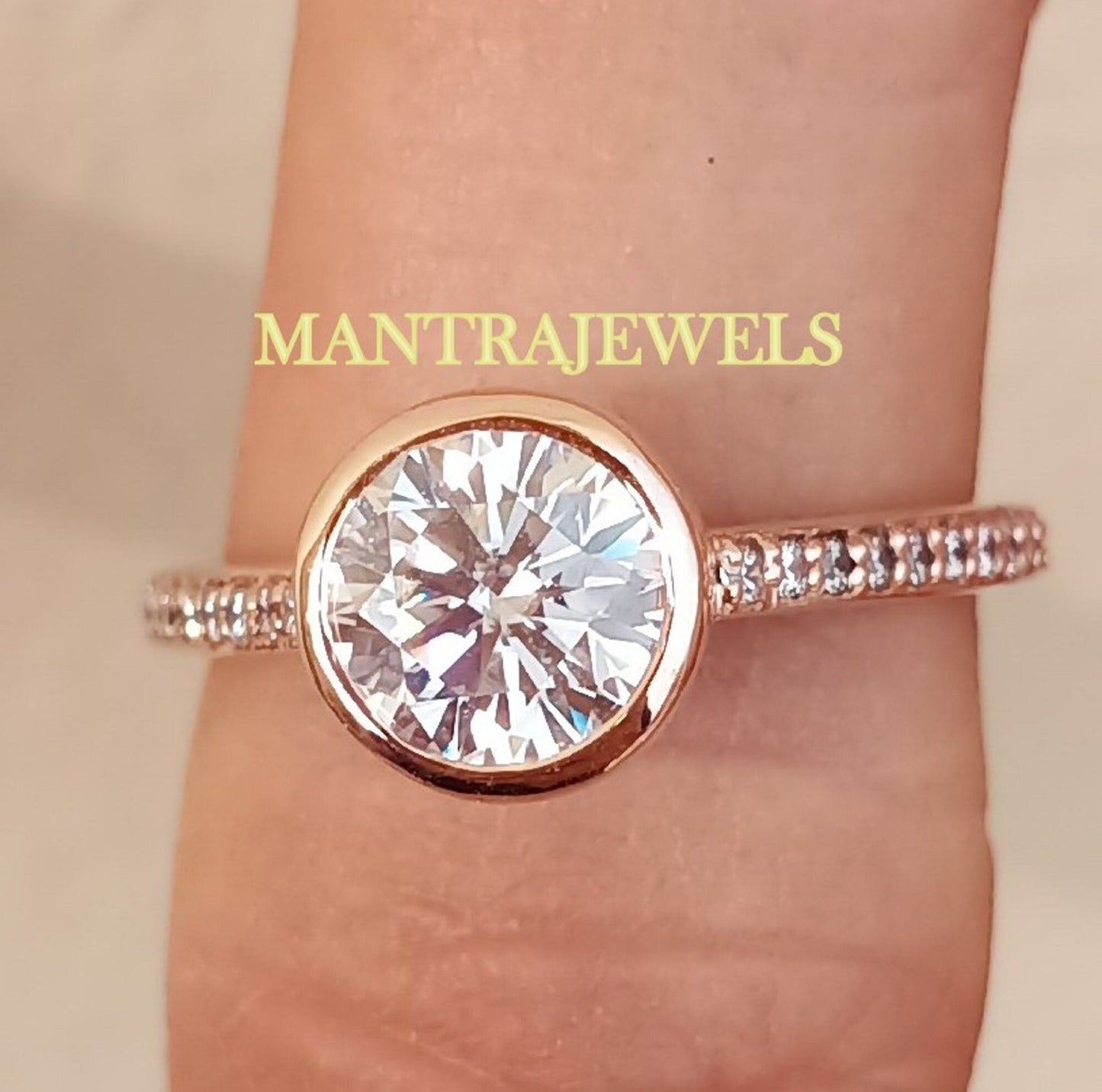 Perfect Engagement Ring / Bezel Set Round Moissanite Ring/ Half Eternity Ring/ 14KT Solid Rose Gold Solitaire Accent Ring/ Ring For Love