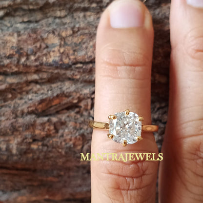 2.40 Carat Cushion Cut Moissanite Ring Solitaire 6 Prong Yellow Gold Engagement Ring Cushion Wedding Anniversary Ring