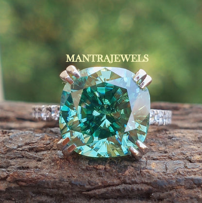 Amazing 6.50 CT Cushion Divine Green- Blue Moissanite Solitaire Engagement Ring, Double Claw Prong Cathedral Ring, 925 Silver Ring,For Women