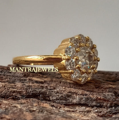 2.35 TW European Cut Cluster Ring - Round Old Moissanite Ring - 14k Solid Gold Wedding Ring - Halo Engagement Ring